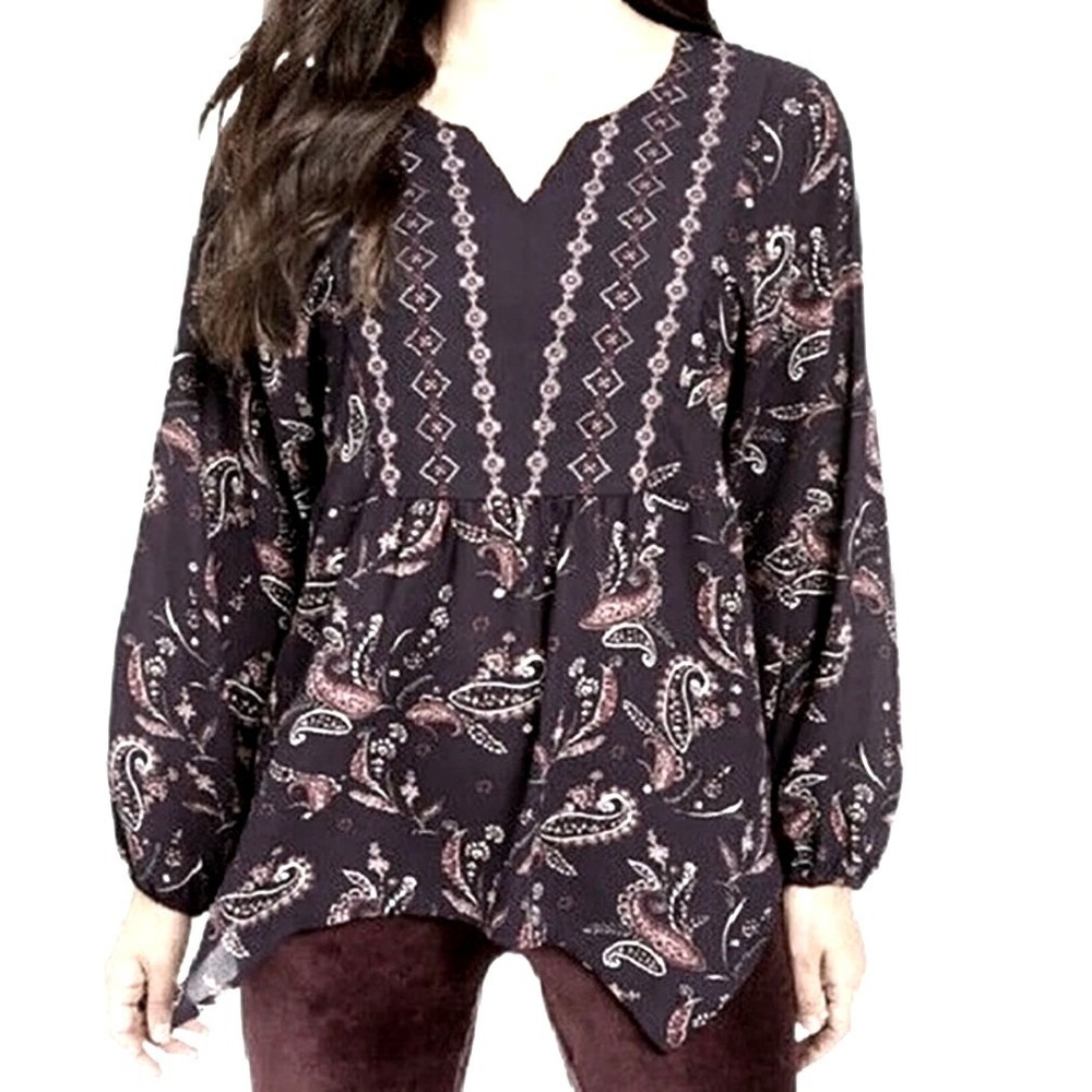 NWT Style & Co Womens Plus 0X Paisley Grape Embroidered Sharkbite Hem Tunic Top